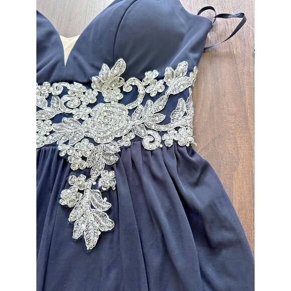 Betsy & Adam Women's Embroidered-Waist Sheath Party Maxi Dress Gown SilverNavy 2 - Picture 8 of 9